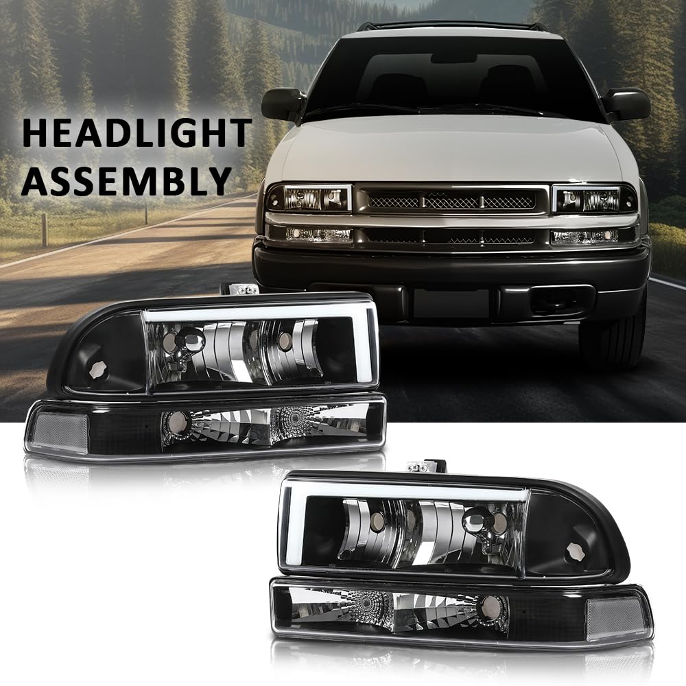 G-PLUS LED Headlights Assembly Front Headlamps Left Right Fit Chevy Blazer 1998-2005, Fit Chevy S10 Pickup 1998-2004 with Bumper Lights Clear Lens Black Housing Clear Reflector,faros delanteros