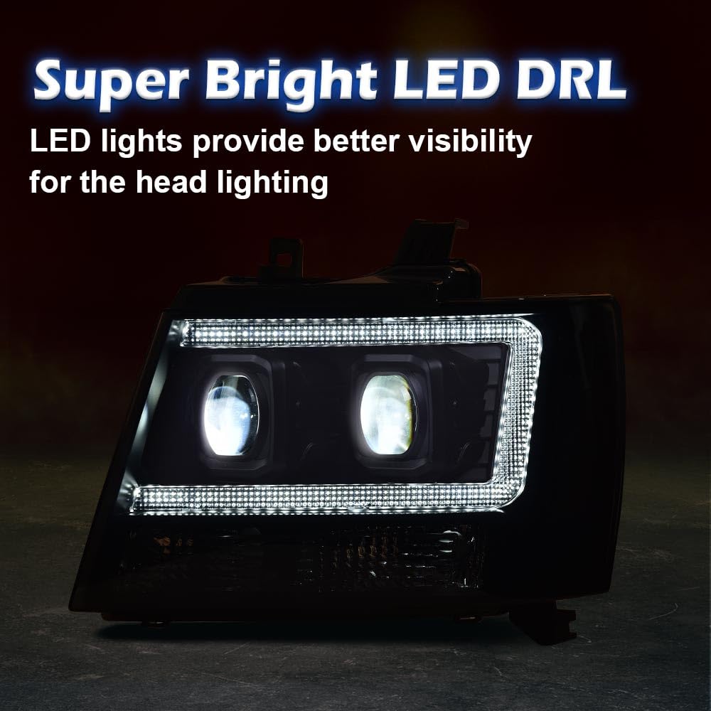 G-PLUS LED Headlights Assembly Fit Chevy Tahoe Avalanche Subarban 1500 2500 2007-2014 DRL Corner Turn Signal Headlamps Set Pair Left & Right Smoky Lens Black Housing Clear Reflector,faros delanteros