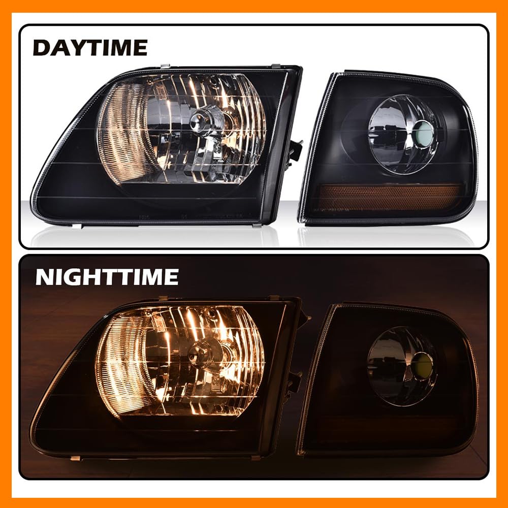 G-PLUS Headlights Assembly Compatible with Ford F150 1998-2003, Fit Ford Expedition 1997-2002 w/Corner Lamps Smoky Lens Black Housing Amber Reflector