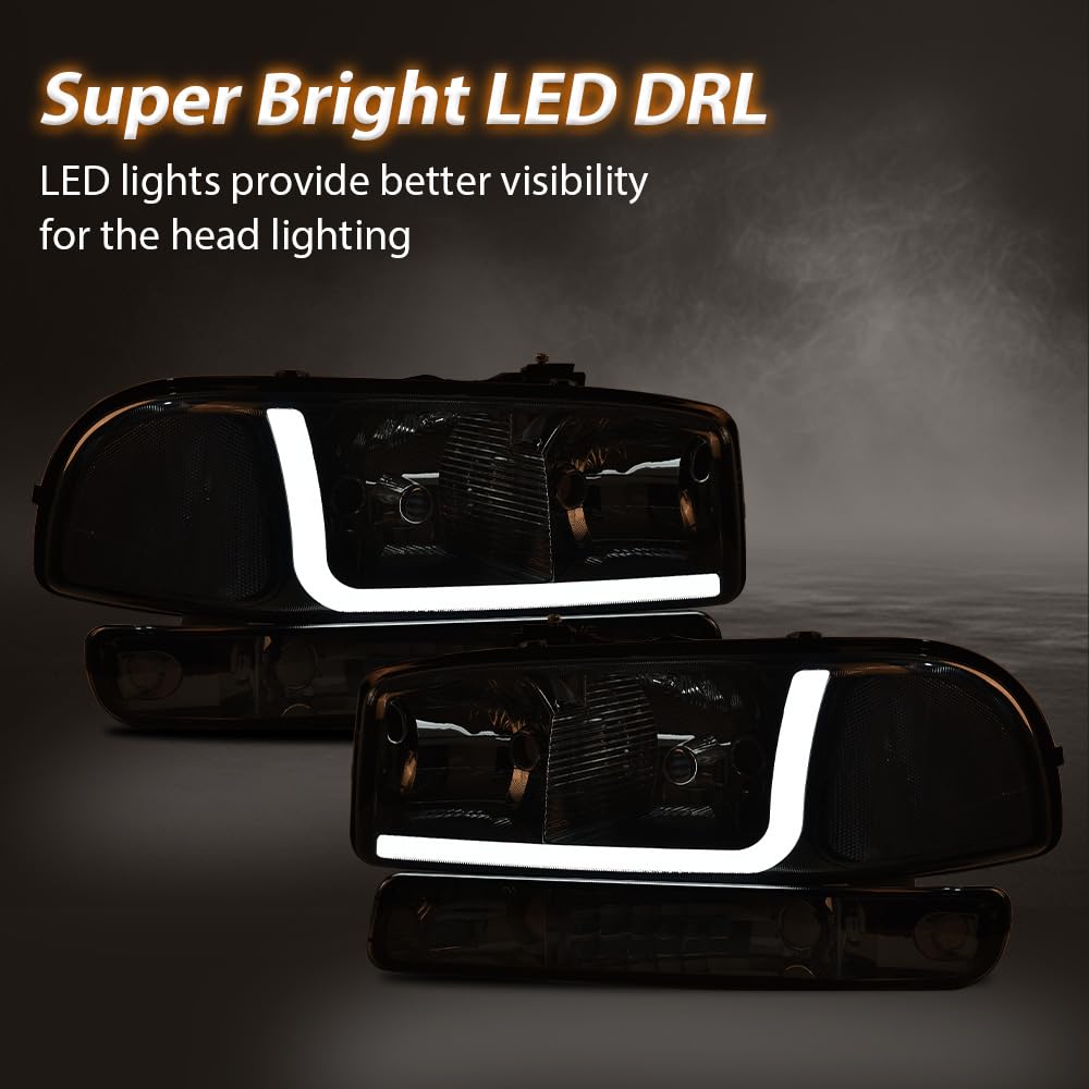 G-PLUS LED Headlights Assembly Fit GMC Sierra 1500HD 2500HD 3500 1999-2007/Fit GMC Yukon XL 1500 2500 1999-2006,Headlamps Smoky Lens Chrome Housing Clear Reflector,faros delanteros