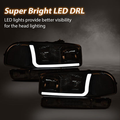 G-PLUS LED Headlights Assembly Fit GMC Sierra 1500HD 2500HD 3500 1999-2007/Fit GMC Yukon XL 1500 2500 1999-2006,Headlamps Smoky Lens Chrome Housing Clear Reflector,faros delanteros