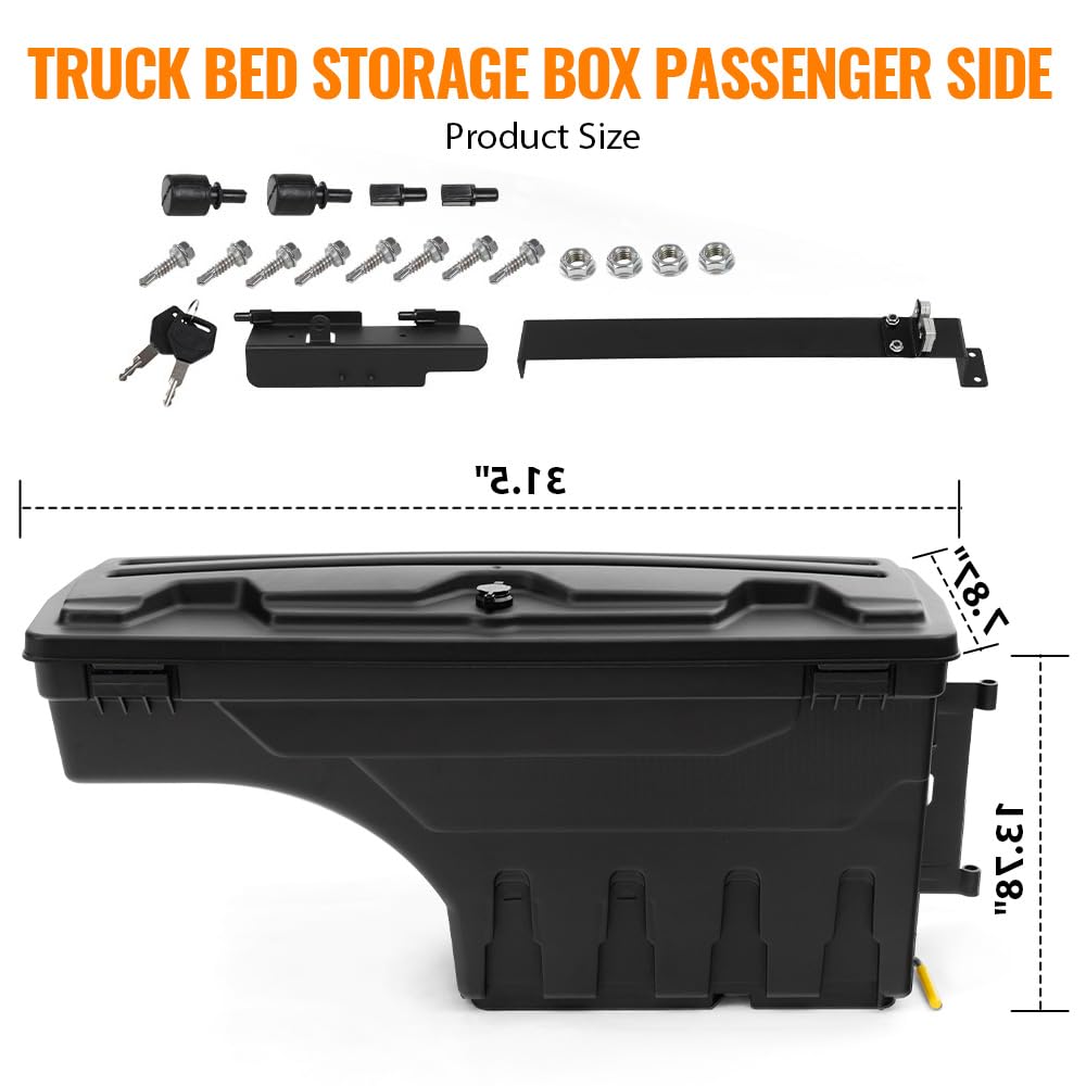 G-PLUS Truck Bed Storage Tool Box Right Passenger Side Compatible with Chevy Silverado/GMC Sierra 1500 2500 3500 1999 2000 2001 2002 2003 2004 2005 2006 2007 Black