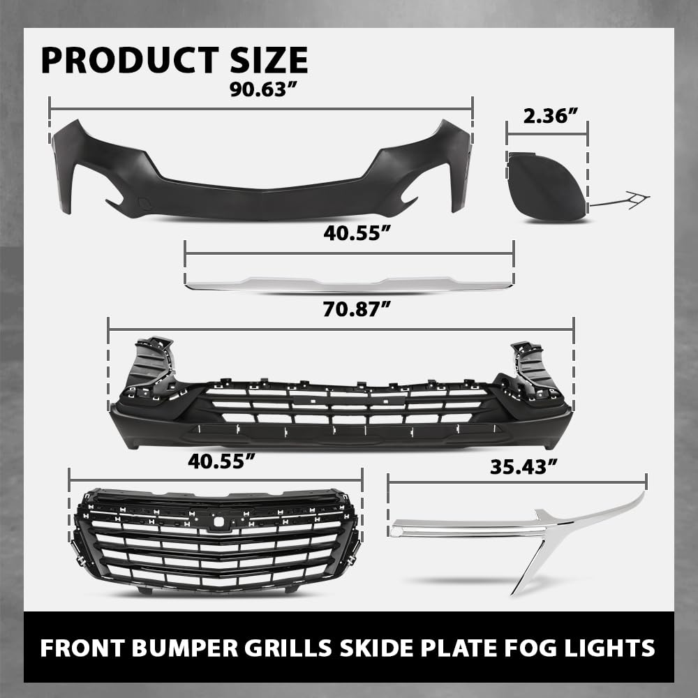 G-PLUS Front Upper + Lower Bumper Cover + Grills + Skid Plate + Fog Light + Tow Hook Compatible with Chevy Equinox 2022 2023 Front Bumper Cover Kit Grilles, Black