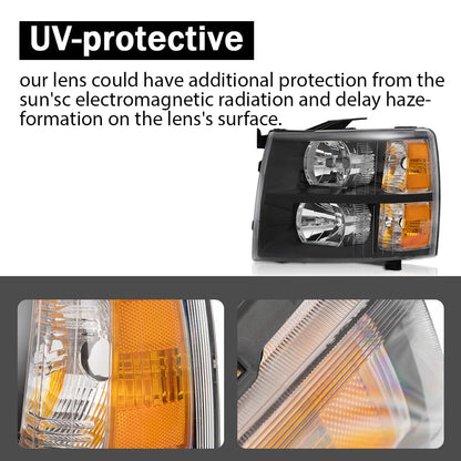 G-PLUS Headlights Assembly, Compatible with Chevy Silverado 1500 2007-2013/Fit Chevy Silverado 2500 HD 3500 HD 2007-2014 Bumper Headlamps, Clear Lens Black Housing Amber Reflector,faros delanteros