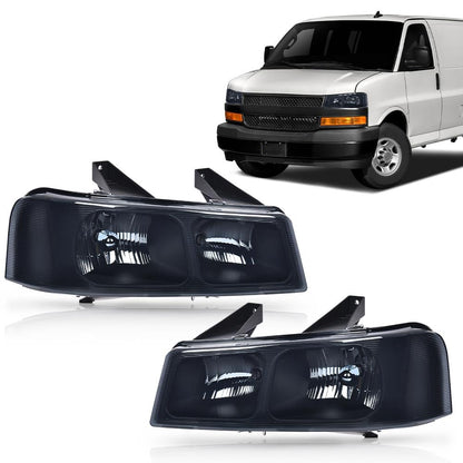 G-PLUS Headlights Assembly w/Bulbs Compatible with Chevy Express 1500 2500 3500 Van 2003-2019/Compatible with GMC Savana 1500 2500 3500 Van 2003-2019 Headlamp Smoky lens Chrome Housing Amber Reflector