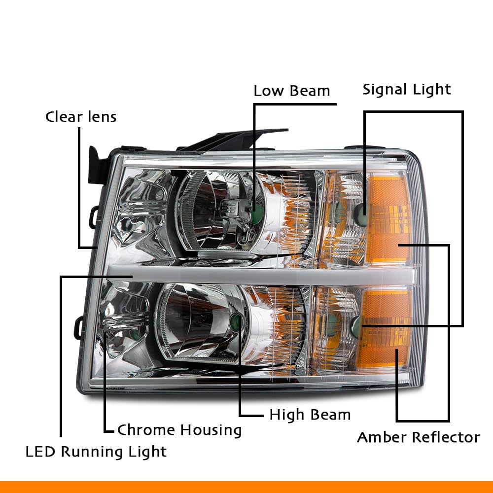 G-PLUS LED DRL Headlights, Fit 2007-2014 Chevy Silverado 2500 3500 & HD Models/Fit 2007-2013 Chevy Silverado 1500 Bumper Headlamps, Clear Lens Chrome Housing Amber Reflector,faros delanteros
