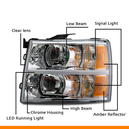 G-PLUS LED DRL Headlights, Fit 2007-2014 Chevy Silverado 2500 3500 & HD Models/Fit 2007-2013 Chevy Silverado 1500 Bumper Headlamps, Clear Lens Chrome Housing Amber Reflector,faros delanteros