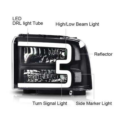 G-PLUS LED Headlights, Compatible with Ford F250 F350 F450 F550 2005 2006 2007 Super Duty Headlamps,Clear Lens Black Housing Clear Reflector Left & Right