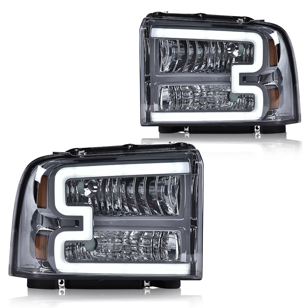 G-PLUS LED DRL Headlights, Compatible with Ford F250 F350 F450 F550 Super Duty 2005-2007 Bumper Headlamps, Smoky Lens Chrome Housing Amber Reflector 6C3Z13008DB FO2502217