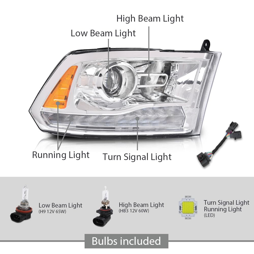 G-PLUS LED Projector Headlights,Compatible with 2009-2012 Dodge Ram 1500 2500 3500,Front Headlamps Assembly &Conversion Harness,Clear Lens Chrome Housing Amber Reflector,faros delanteros