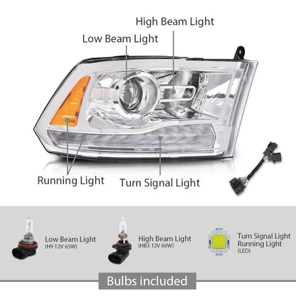 G-PLUS LED Projector Headlights,Compatible with 2009-2012 Dodge Ram 1500 2500 3500,Front Headlamps Assembly &Conversion Harness,Clear Lens Chrome Housing Amber Reflector,faros delanteros