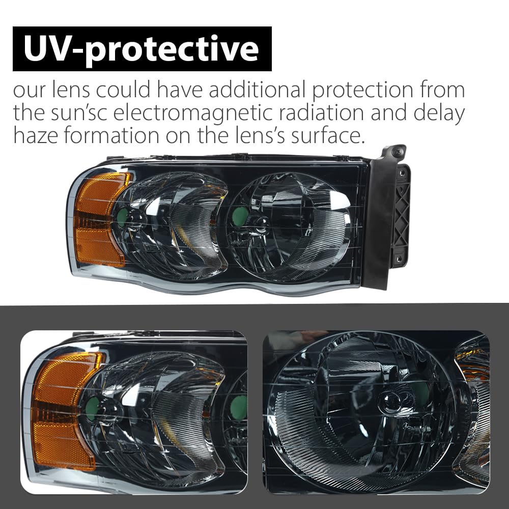 G-PLUS Headlights Assembly, Compatible with 2002 2003 2004 2005 Dodge Ram 1500 2500 3500 Bumper Headlamp, Smoky Lens Chrome Housing Amber Reflector