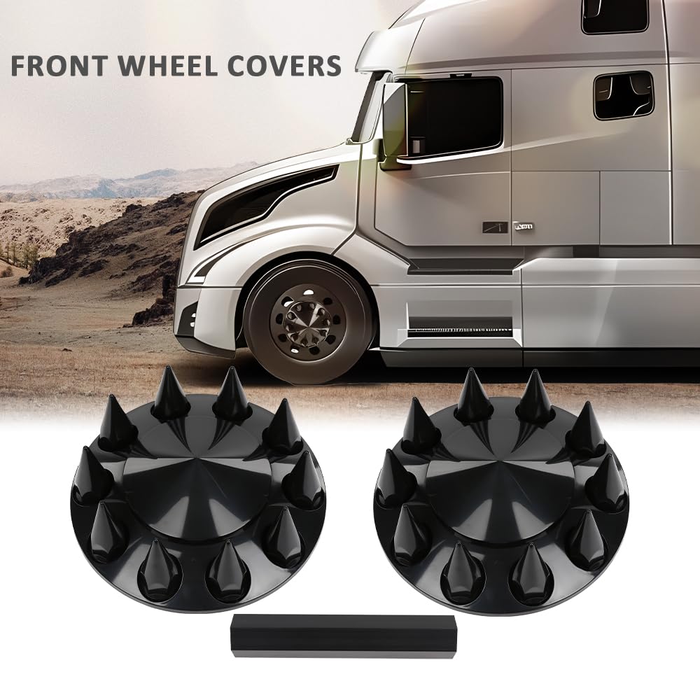 G-PLUS Front Wheel Covers 33mm Spiked Hub Axle Compatible with Semi-Trucks 22.5" and 24.5" Wheels, ABS Plastic Black Pair Semi Truck Hub Covers