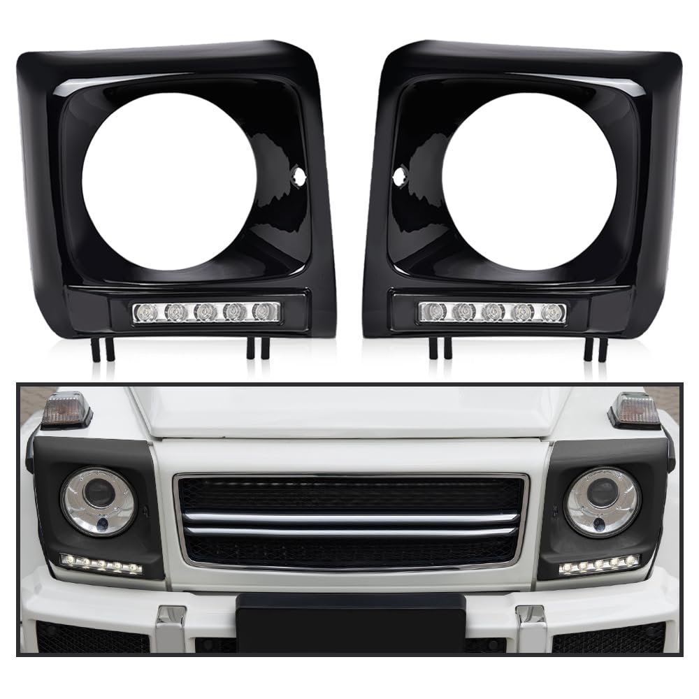 G-PLUS Black Headlight Bezel w/LED DRL Light Strip & Wire harness Compatible with 1990-2018 Mercedes Benz G-class W463 G63 G65 G500 G550 G55 AMG