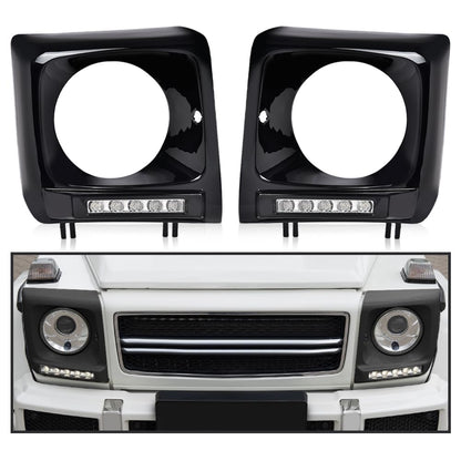 G-PLUS Black Headlight Bezel w/LED DRL Light Strip & Wire harness Compatible with 1990-2018 Mercedes Benz G-class W463 G63 G65 G500 G550 G55 AMG