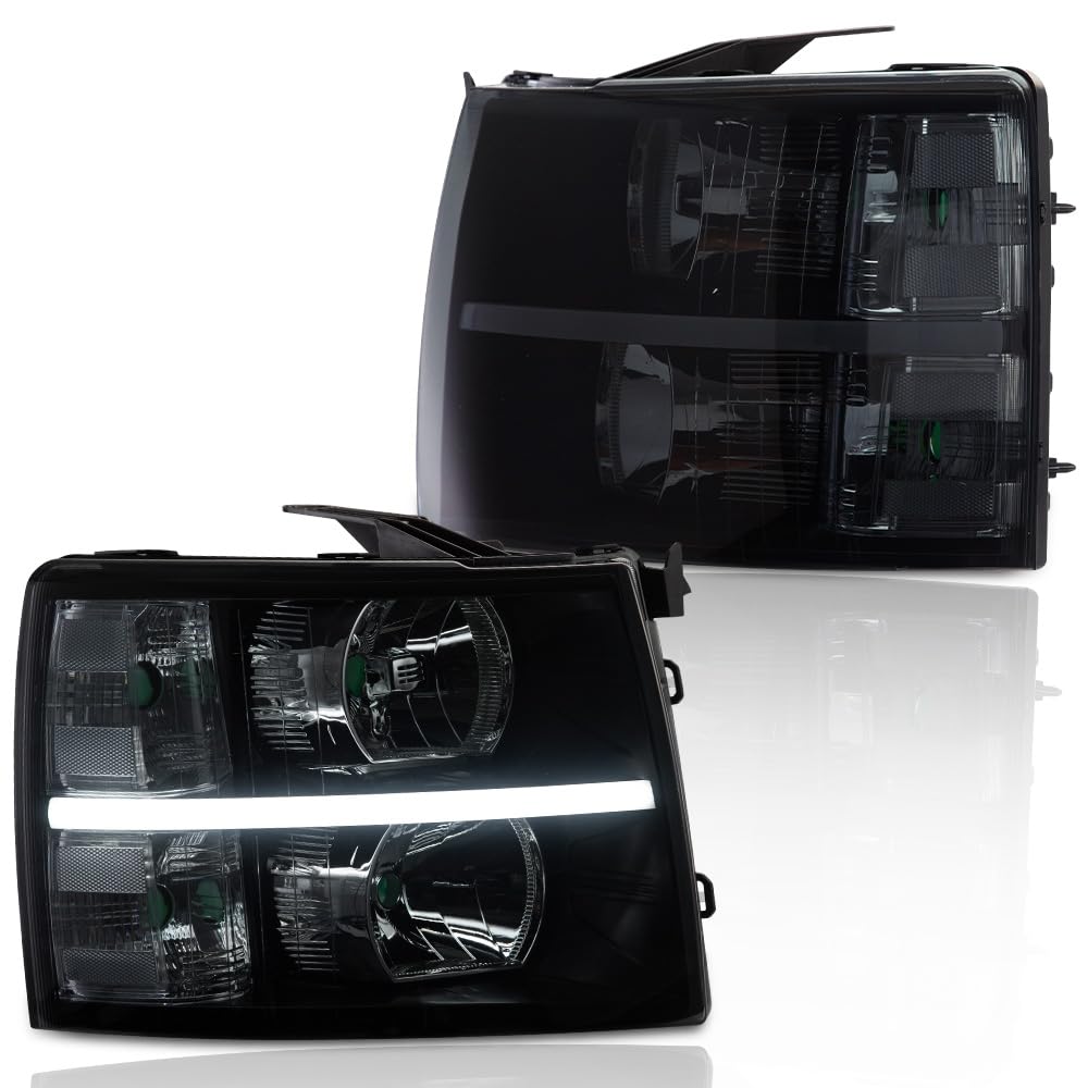 G-PLUS LED DRL Headlights, Compatible with Chevy Silverado 2500 3500 & HD 2007-2014,Fit Chevy Silverado 1500 2007-2013, Smoky lens Black Housing Clear Reflector Bumper Headlamp Left &Right
