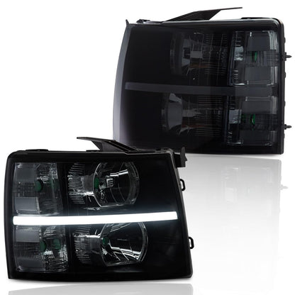 G-PLUS LED DRL Headlights, Compatible with Chevy Silverado 2500 3500 & HD 2007-2014,Fit Chevy Silverado 1500 2007-2013, Smoky lens Black Housing Clear Reflector Bumper Headlamp Left &Right
