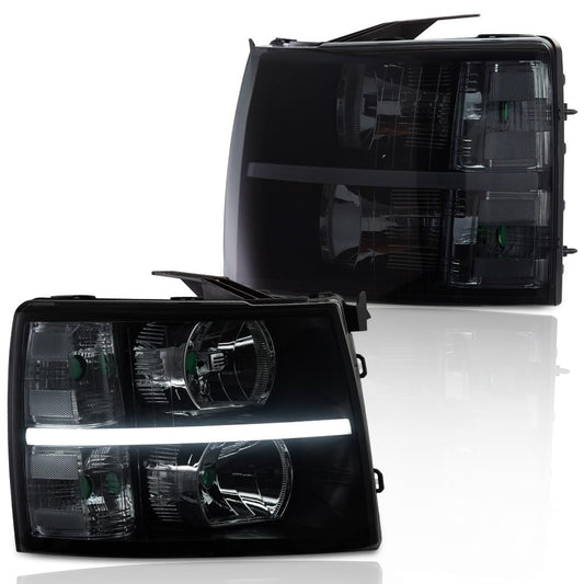 G-PLUS LED DRL Headlights, Compatible with Chevy Silverado 2500 3500 & HD 2007-2014,Fit Chevy Silverado 1500 2007-2013, Smoky lens Black Housing Clear Reflector Bumper Headlamp Left &Right