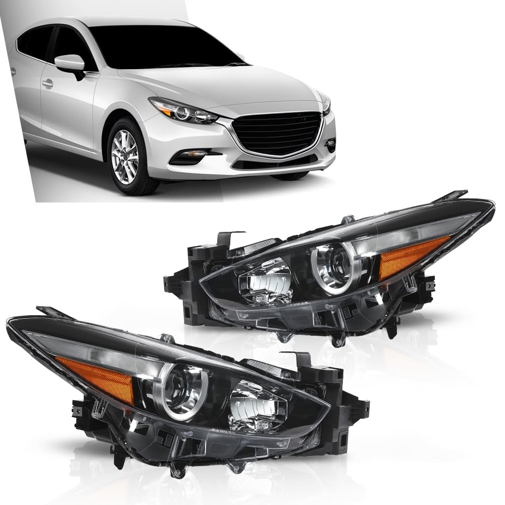 G-PLUS Projector Headlights Assembly Compatible with Mazda 3 2017-2018 4-Door Sedan & Hatchback,Bumper Headlamps,faros delanteros Clear Lens Black Housing Amber Reflector Left & Right