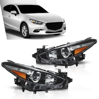 G-PLUS Projector Headlights Assembly Compatible with Mazda 3 2017-2018 4-Door Sedan & Hatchback,Bumper Headlamps,faros delanteros Clear Lens Black Housing Amber Reflector Left & Right