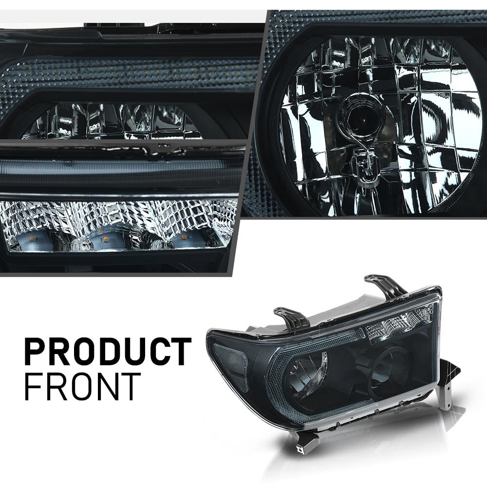 G-PLUS LED DRL Headlights Compatible with Toyota Tundra 2007-2013,Fit Toyota Sequoia 2008-2017 Headlamps Assembly Smoky Lens Black Housing Clear Reflector Left & Right,faros delanteros