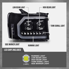 G-PLUS LED Tube Projector Headlights for GMC Sierra 1500 2500HD 3500HD 2007-2014 Clear Black Side View
