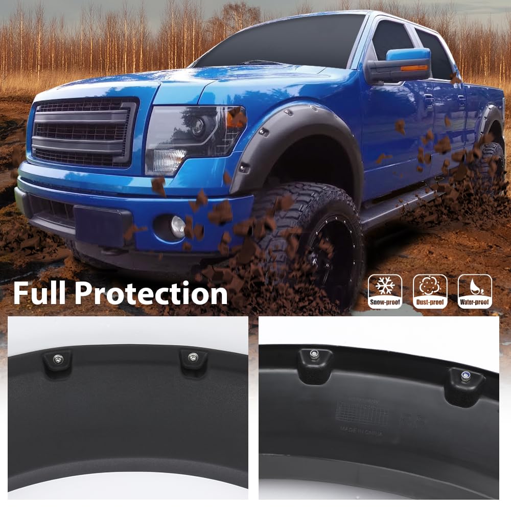 G-PLUS Pocket-Riveted Fender Flares, Compatible with Ford F150 2009-2014 Styleside with 67.0"/78.8"/97.4" bed models only(Not Fit Platinum and Raptor models) FO1269100, FO1268100 4pcs Textured Style