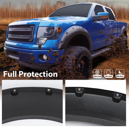 G-PLUS Pocket-Riveted Fender Flares, Compatible with Ford F150 2009-2014 Styleside with 67.0"/78.8"/97.4" bed models only(Not Fit Platinum and Raptor models) FO1269100, FO1268100 4pcs Textured Style