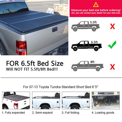 Black T3 Tri-Fold Hard Lock Solid Truck Tonneau Cover Compatible for Toyota Tundra 2007-2013 | 6.5' Standard Short Bed