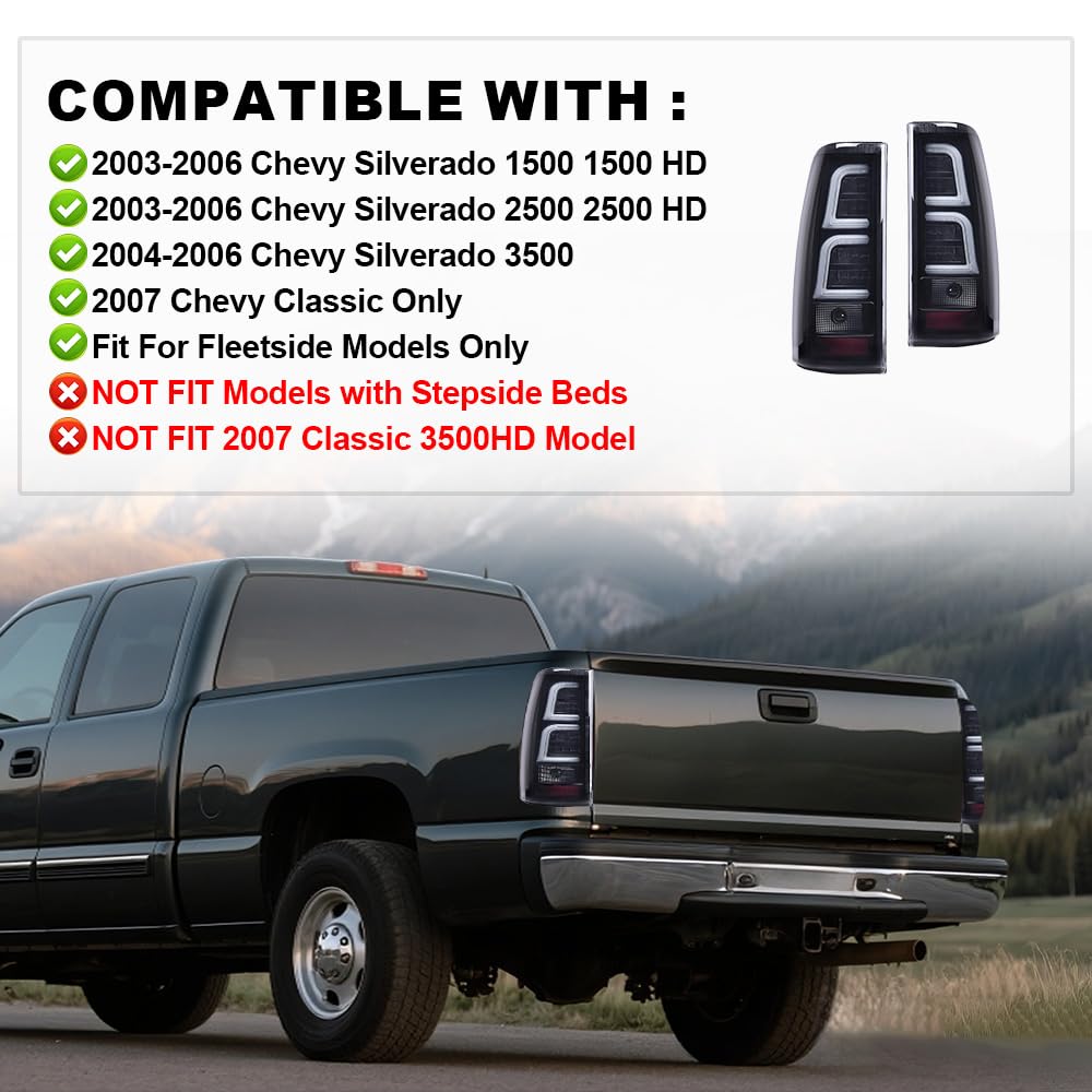 G-PLUS Tail Lights W/Wiring Harness Compatible with Chevy Silverado 2003-2006 Driver Left & Passenger Right Tail Lamps Smoke Lens Black Housing w/White light Bar, Luces Traseras Faros TraserosAssembly