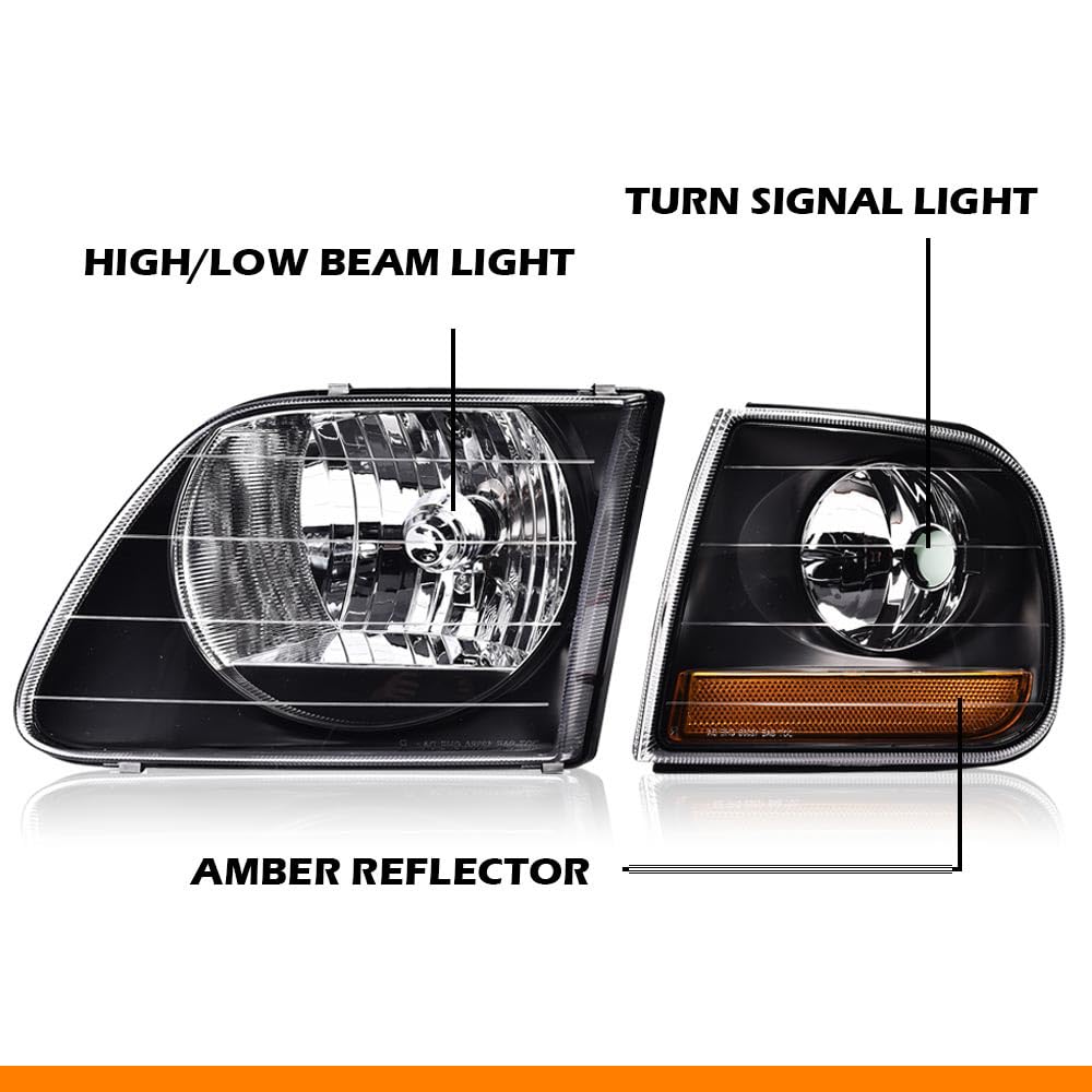 G-PLUS Headlights Assembly,Compatible with Ford Expedition 1997-2002/Fit Ford F150 1998-2003/Fit Ford F250 1988-1999 Bumper Headlamp,Clear lens Black Housing Amber Reflector Left & Right
