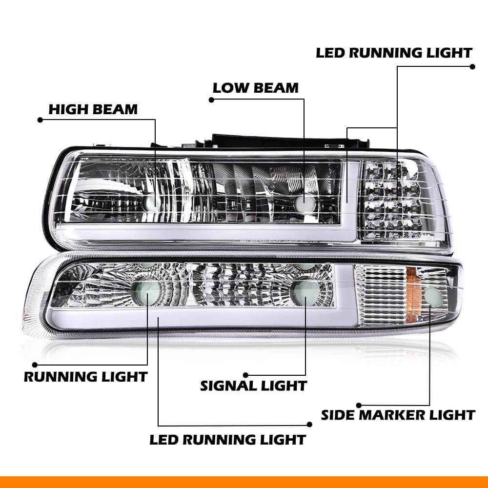 G-PLUS LED DRL Headlights Compatible with 1999-2002 Chevy Silverado/2001-2002 Silverado 1500HD 2500HD/00-06 Tahoe Suburban 1500 2500, Bumper Headlamp, 2Pcs Amber (Left+Right)