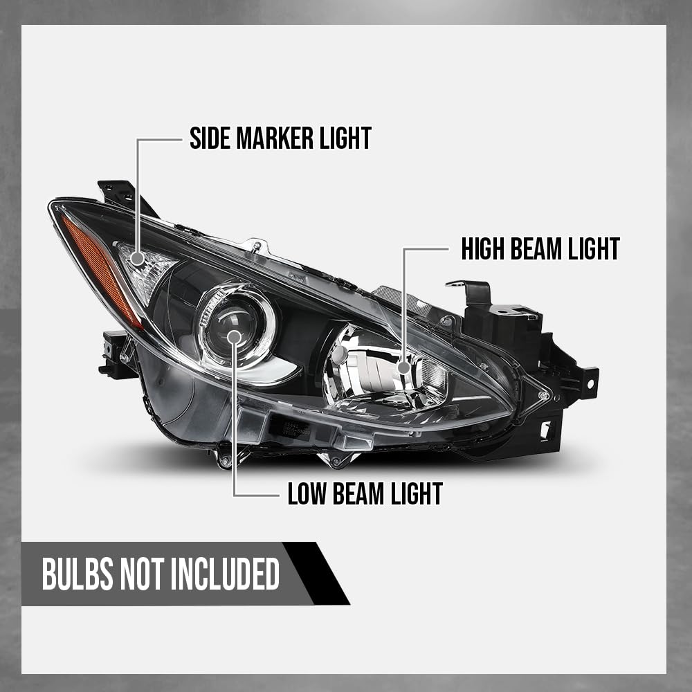 G-PLUS Headlight w/bulb Compatible with Mazda 3 2014 2015 2016 Bumper Headlamp BPW1510K0, MA2503144 Right Passenger Side Clear Lens Black Housing Amber Reflector