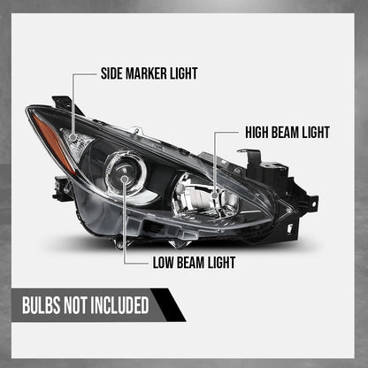 G-PLUS Headlight w/bulb Compatible with Mazda 3 2014 2015 2016 Bumper Headlamp BPW1510K0, MA2503144 Right Passenger Side Clear Lens Black Housing Amber Reflector