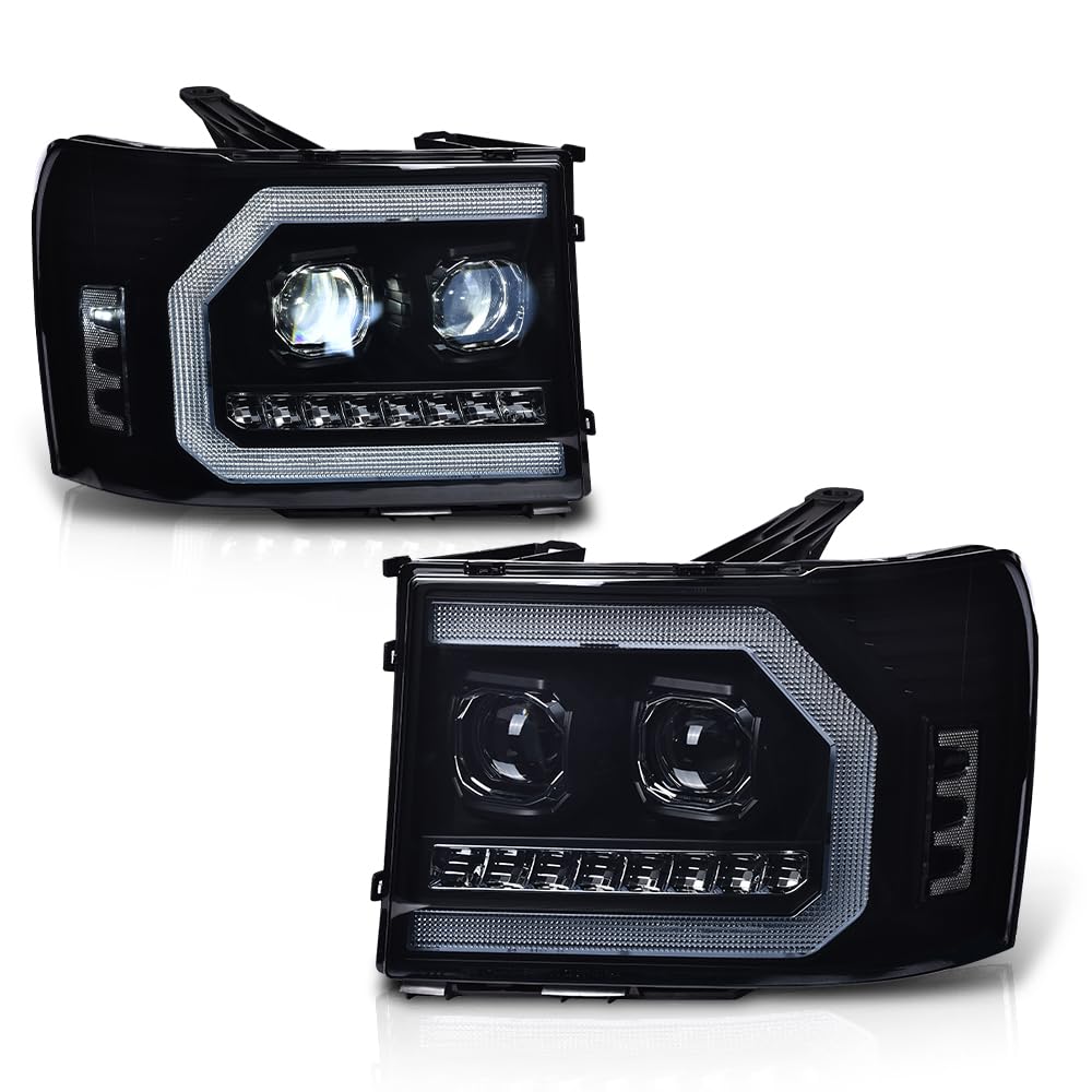G-PLUS LED DRL Headlights Assembly Compatible with GMC Sierra 1500 2007-2013/Fit GMC Sierra 2500HD 3500HD 2007-2014 Smoky Lens Black Housing Clear Reflector Left & Right Headlamps,faros delanteros
