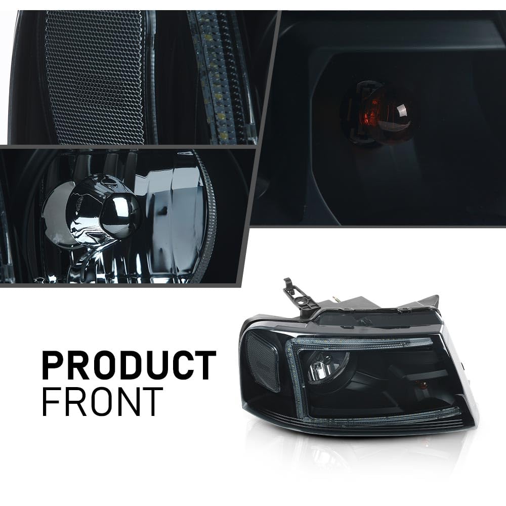 G-PLUS LED DRL Headlights Fit Ford F150 2004-2008,Fit Lincoln Mark LT 2006-2008(NOT Fit 2004 F150 Heritage/Flareside Beds),Smoky Lens Black Housing Clear ReflectorBumper Headlamps,faros delanteros