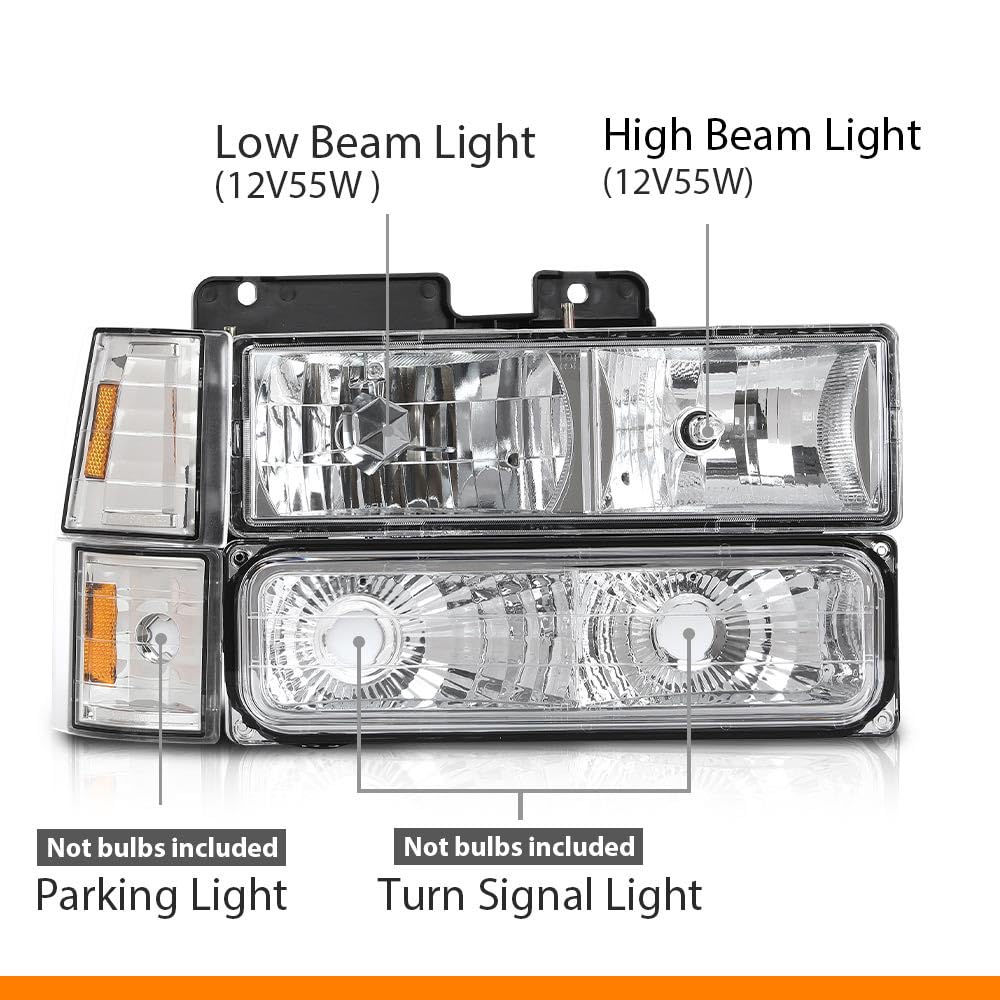 G-PLUS Headlights Combination w/Bulbs Fit GMC C10 1994-1998/Fit GMC Sierra Suburban Yukon 1994-1998 Clear Lens Chrome Housing Amber Reflector Bumper Headlamps,faros delanteros Assembly