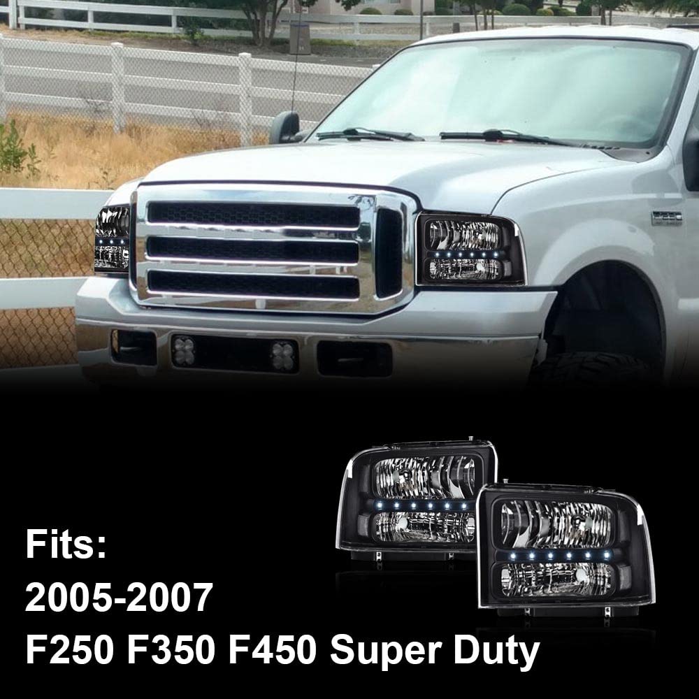 G-PLUS LED Headlights Assembly Compatible with Ford F250 F350 F450 F550 Super Duty 2005 2006 2007, Headlamps DRL BAR Point Style Clear Lens Black Housing Clear Reflector,faros delanteros