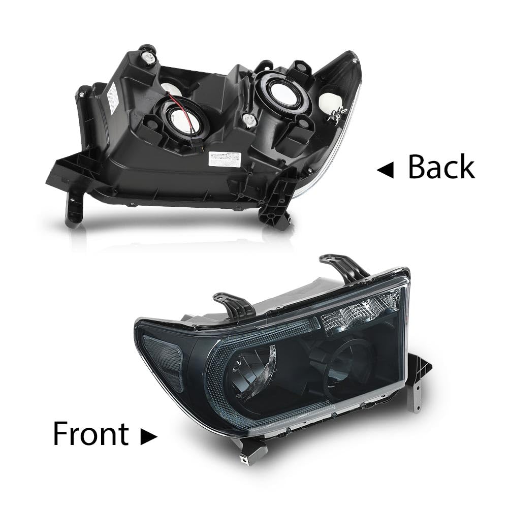 G-PLUS LED DRL Headlights Compatible with Toyota Tundra 2007-2013,Fit Toyota Sequoia 2008-2017 Headlamps Assembly Smoky Lens Black Housing Clear Reflector Left & Right,faros delanteros