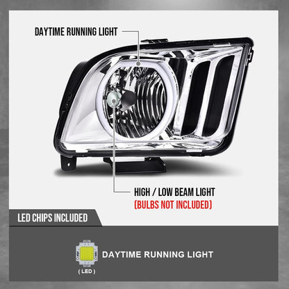 G-PLUS LED Headlights Assembly Compatible with Ford Mustang 2005-2009 7R3Z13008D, 7R3Z13008C Bumper Headlamps Left & Right Clear Lens Chrome Housing Amber Reflector faros delanteros