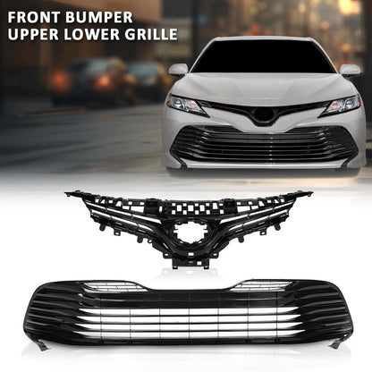 G-PLUS Front Bumper Upper & Lower Grille Black Trim Compatible with Toyota Camry LE XLE 2018-2020 5310106A70