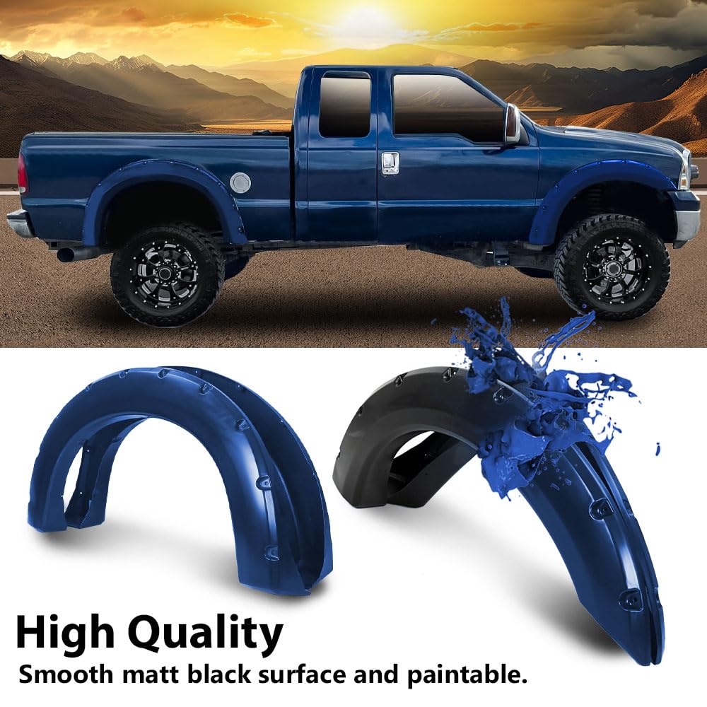 G-PLUS Fender Flares, Compatible with 1999-2007 Ford F250 F350 Super Duty, (Does Not Fit Dually Models), Smooth Pocket Rivet Bolt Style Protection Guards Cover 4pcs