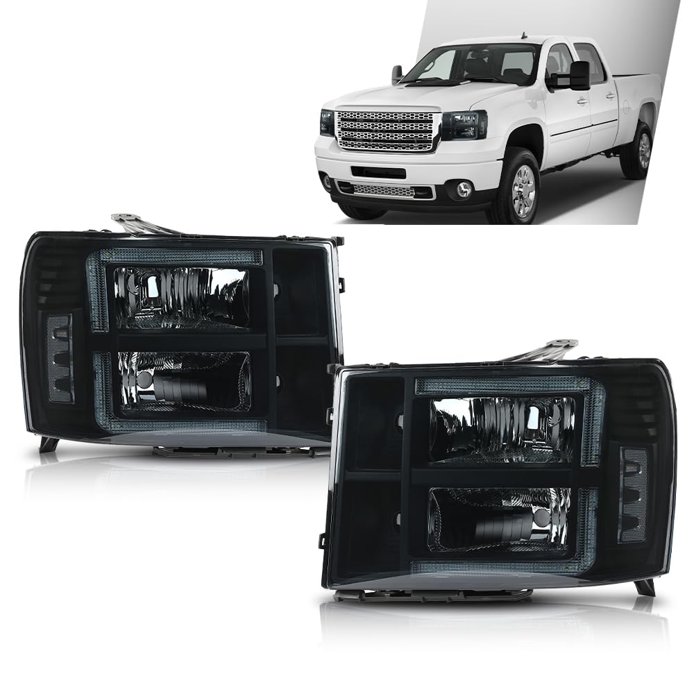 G-PLUS LED Headlights Assembly Front Headlamps Left+Right Fit GMC Sierra 1500 2007-2013, Fit GMC Sierra 2500HD 3500HD 2007-2014 Smoke Lens Black Housing Clear Reflector 22853029,faros delanteros