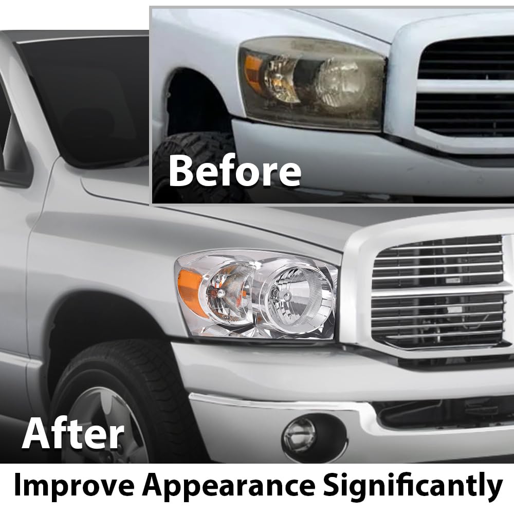 G-PLUS Headlights w/Bulbs Right Passanger Side Compatible with Dodge Ram 1500 2006-2008/Fit Dodge Ram 2500 3500 2006-2009,Clear Lens Chrome Housing Amber Reflector Bumper Headlamps,faros Assembly