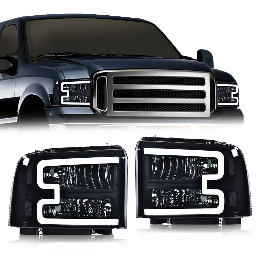 G-PLUS LED Headlights Compatible with Ford F250 F350 F450 F550 Super Duty 2005-2007 DRL BAR Headlamps Smoky Lens Black Housing Clear Reflector,faros delanteros