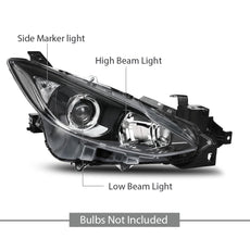 G-PLUS Headlight Assembly for Mazda 3 2014-2016 Sedan Clear Lens Black Housing Side View