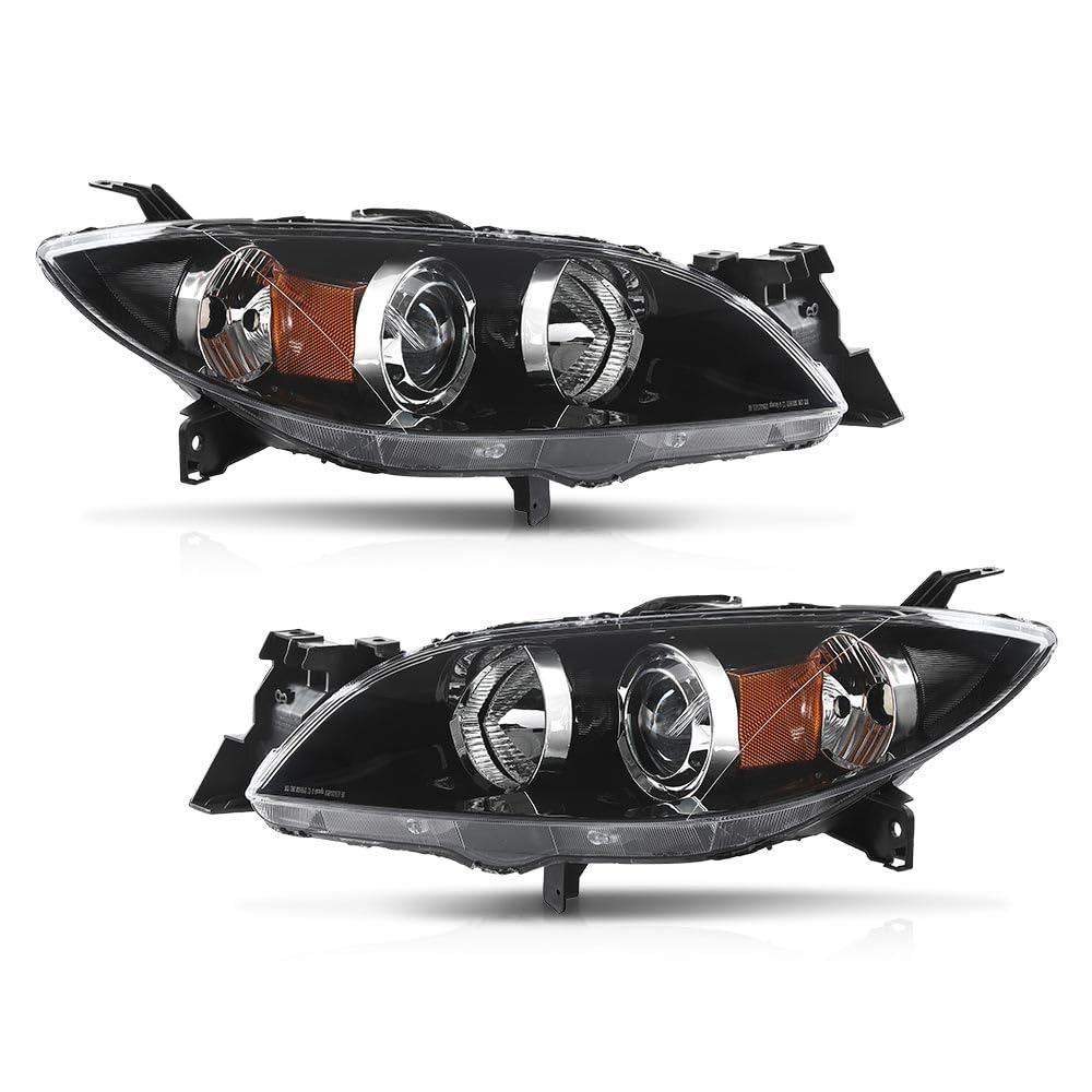 G-PLUS Projector Headlights Assembly Compatible with Mazda 3 4-Door Sedan 2004-2009,NOT Fit Hatchback Models, Headlamps,faros delanteros Clear Lens Black Housing Amber Reflector Left & Right