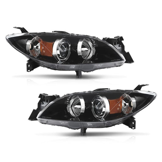 G-PLUS Projector Headlights Assembly Compatible with Mazda 3 4-Door Sedan 2004-2009,NOT Fit Hatchback Models, Headlamps,faros delanteros Clear Lens Black Housing Amber Reflector Left & Right