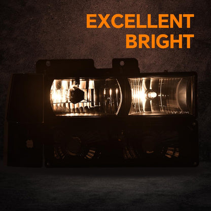 G-PLUS Headlights Assembly w/Bulbs Fit Chevy Suburban C1500 C2500 K1500 K2500 1994-1999, Fit GMC C2500 K2500 1994-2000, Left & Right Headlamps Assembly, Smoky Lens Black Housing Amber Reflector