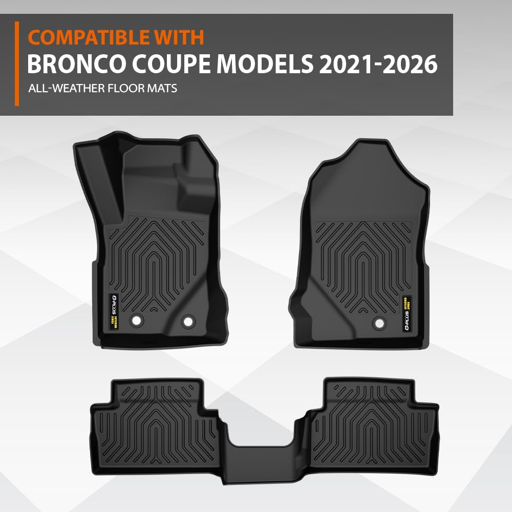G-PLUS TPE Floor Mats Fit Ford Bronco 2-Door 2021-2026 Not Fit Bronco Sport or Bronco 4-Door Model 1st & 2nd Row Truck Accessories Cargo Liners All Weather Protection 3PCS Black Alfombras para Carro